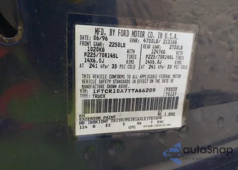 1996 Ford Ranger z USA, uszkodzony, nr VIN 1FTCR10A7TTA66209